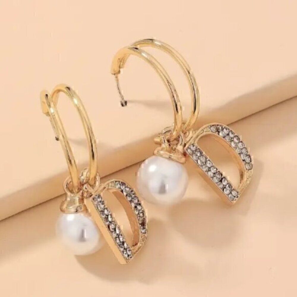 Hollow Letter D Design With Shiny Rhinestone FPearl Decor Golden Dangle Earrings